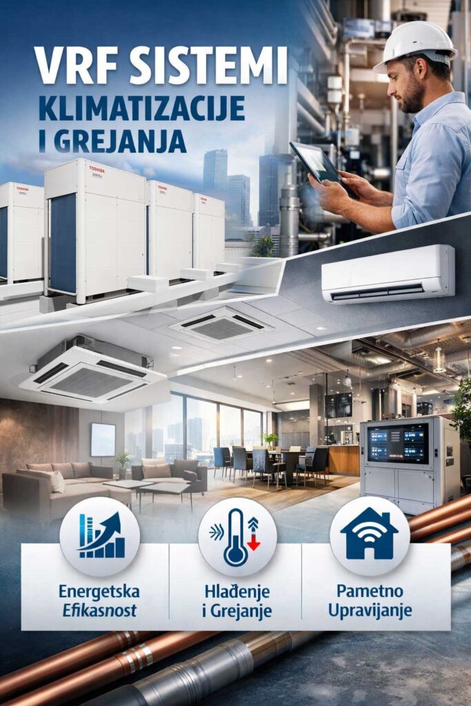 VRF sistem je klimatizacioni sistem koji automatski reguliše količinu rashladnog sredstva koja se isporučuje svakoj unutrašnjoj jedinici u skladu sa realnim potrebama prostora.