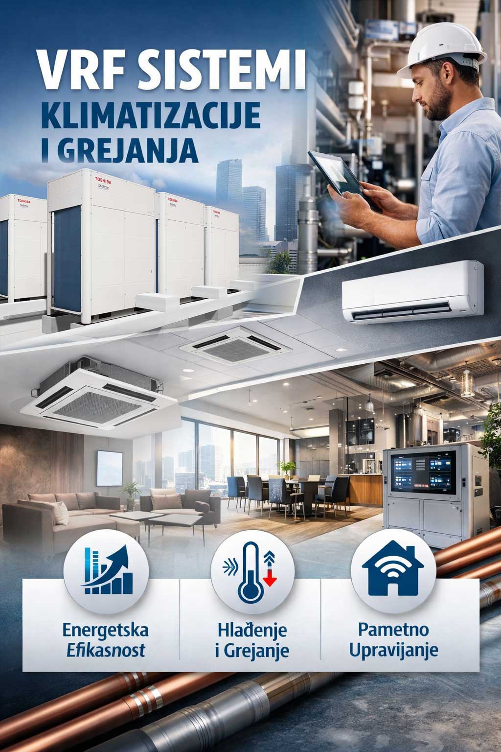 VRF sistem je klimatizacioni sistem koji automatski reguliše količinu rashladnog sredstva koja se isporučuje svakoj unutrašnjoj jedinici u skladu sa realnim potrebama prostora.